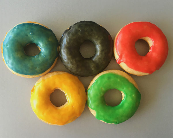 Olympic Ring Donuts on Silver Background