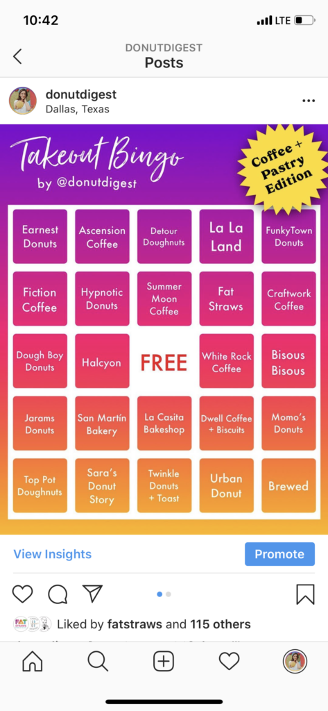 Takeout Bingo board from Donut Digest Instagram