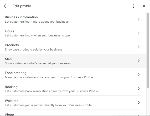 screenshot of Google Business profile categories